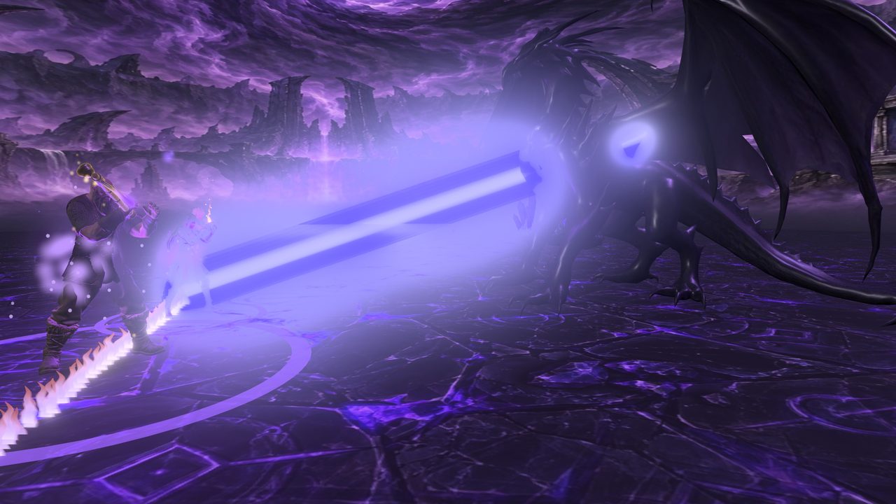 A black dragon fires a violet laser across the party