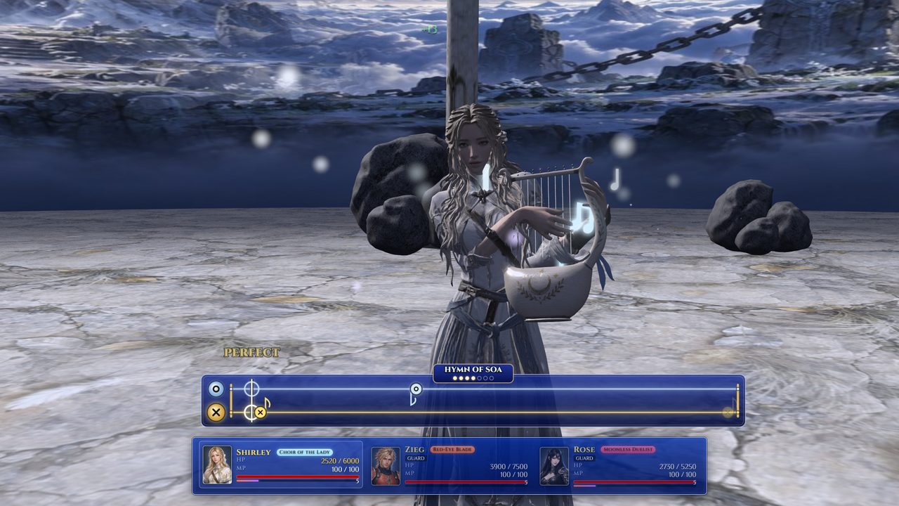 Shirley playing a hymn on her lyre in battle